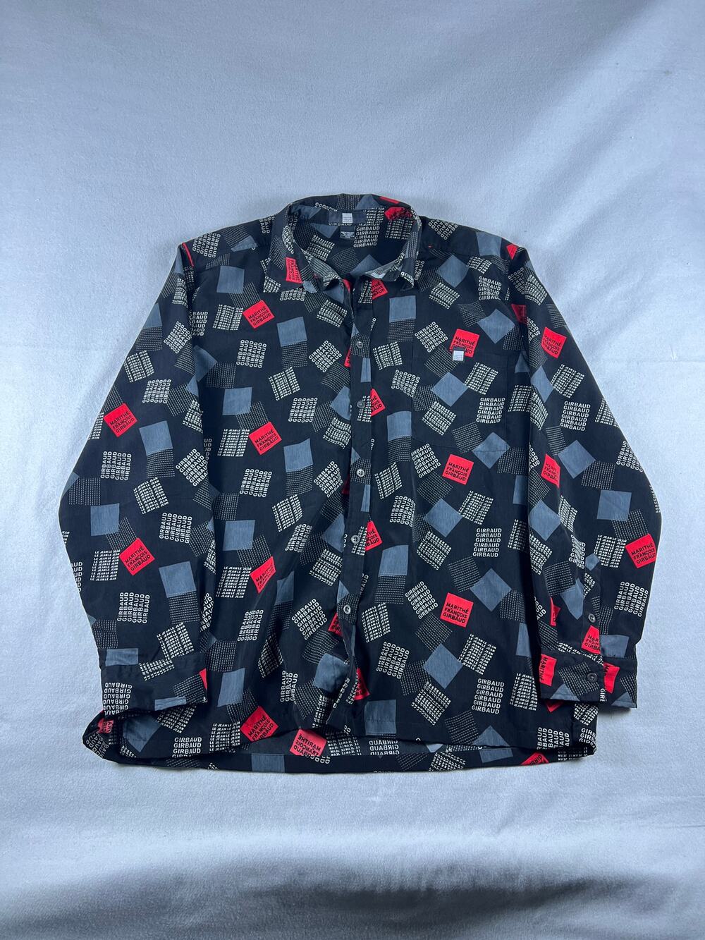Vintage Marithe Francois Girbaud Shirt Men XXL Black Red Spellout All Over Print